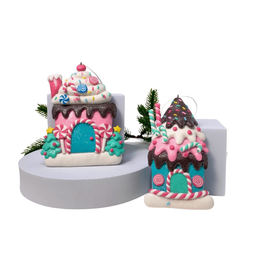 Candy Dreamland Gingerbread Ornament Duo – Frosted Sweet Shop Set (Set of 2)