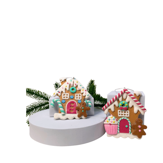 Pastel Candy Lane Gingerbread House Ornaments – Set of 2