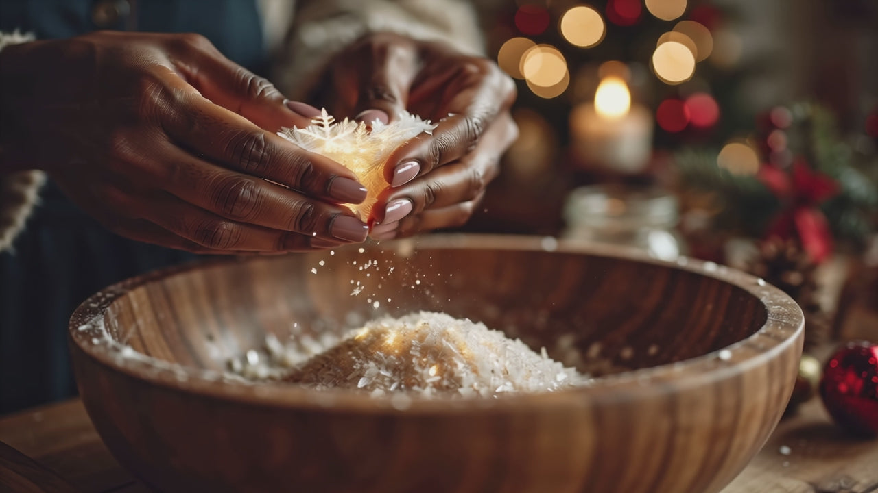 Load video: Hands sprinkling snowflakes during holiday baking, with warm Christmas lights in the background.